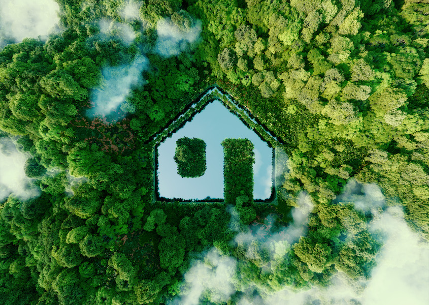 Concept depicting new possibilities for the development of sustainable construction technologies and green living the form of a house-shaped pond located in a lush forest